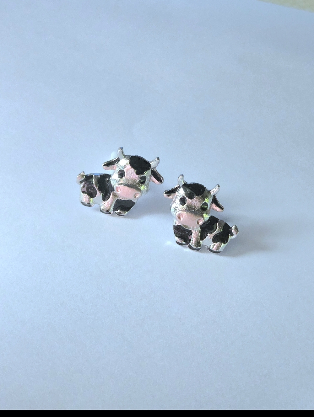 Cute Cow Stud Earrings - Black & Silver Enamel- Zinc Alloy & Stainless Steel
